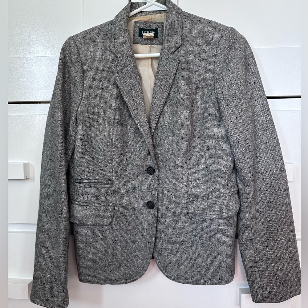 Vintage J Crew grey/blue tweed blazer with silk lining.